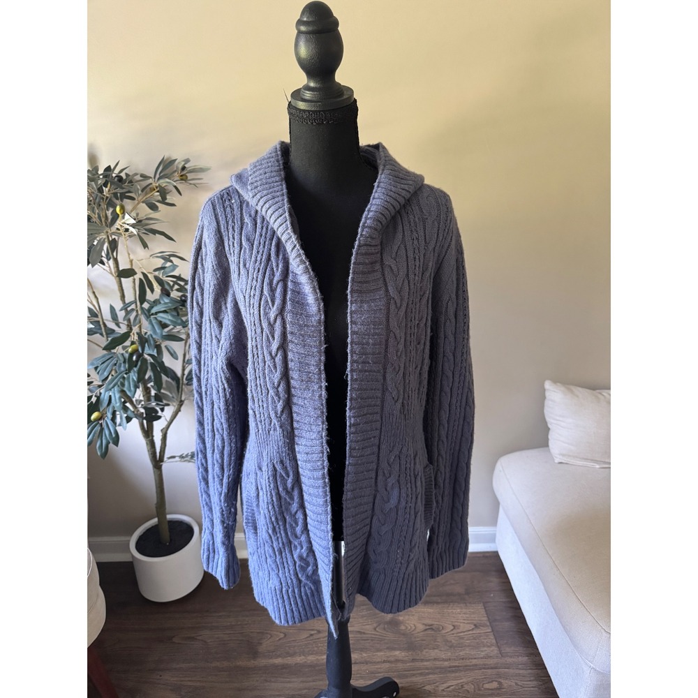 Natural Reflections Blue Cable Knit Hooded Open Front Cardigan Sweater XL